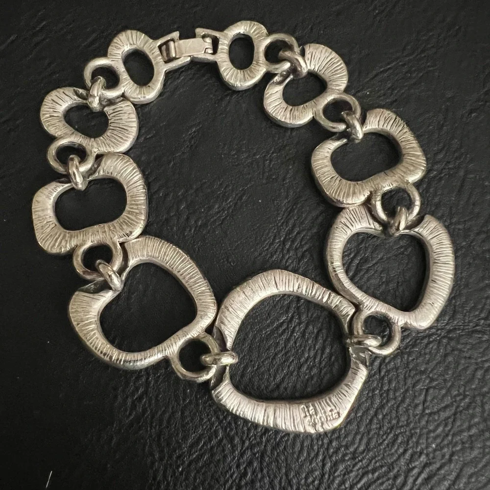 Vintage Silver Tone Hammered Brutalist Abstract Link Bracelet 7.5in Eclectic